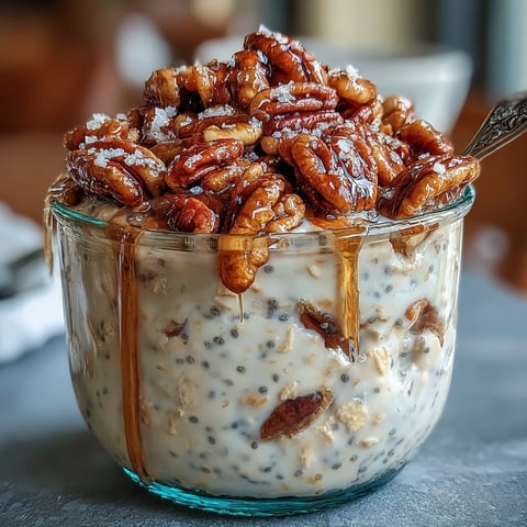 A jar of creamy overnight oats layered with Greek yogurt, topped with crunchy candied pecans and a drizzle of maple syrup.