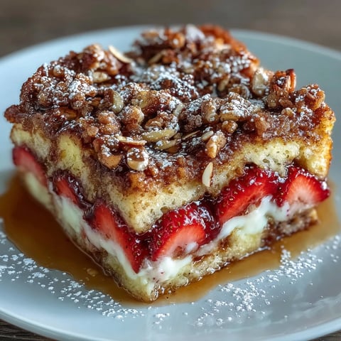 Decadent Galentine's Brunch Strawberry French Toast Casserole with golden brioche, fresh berries, and crunchy almond topping.  