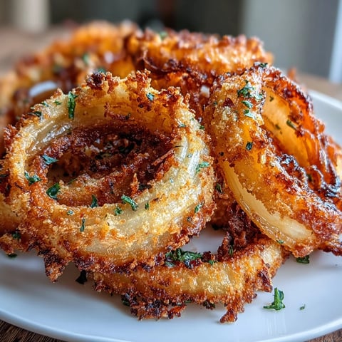 Crispy baked onion rings golden and crunchy, served with a smoky paprika dip for a healthier appetizer twist.