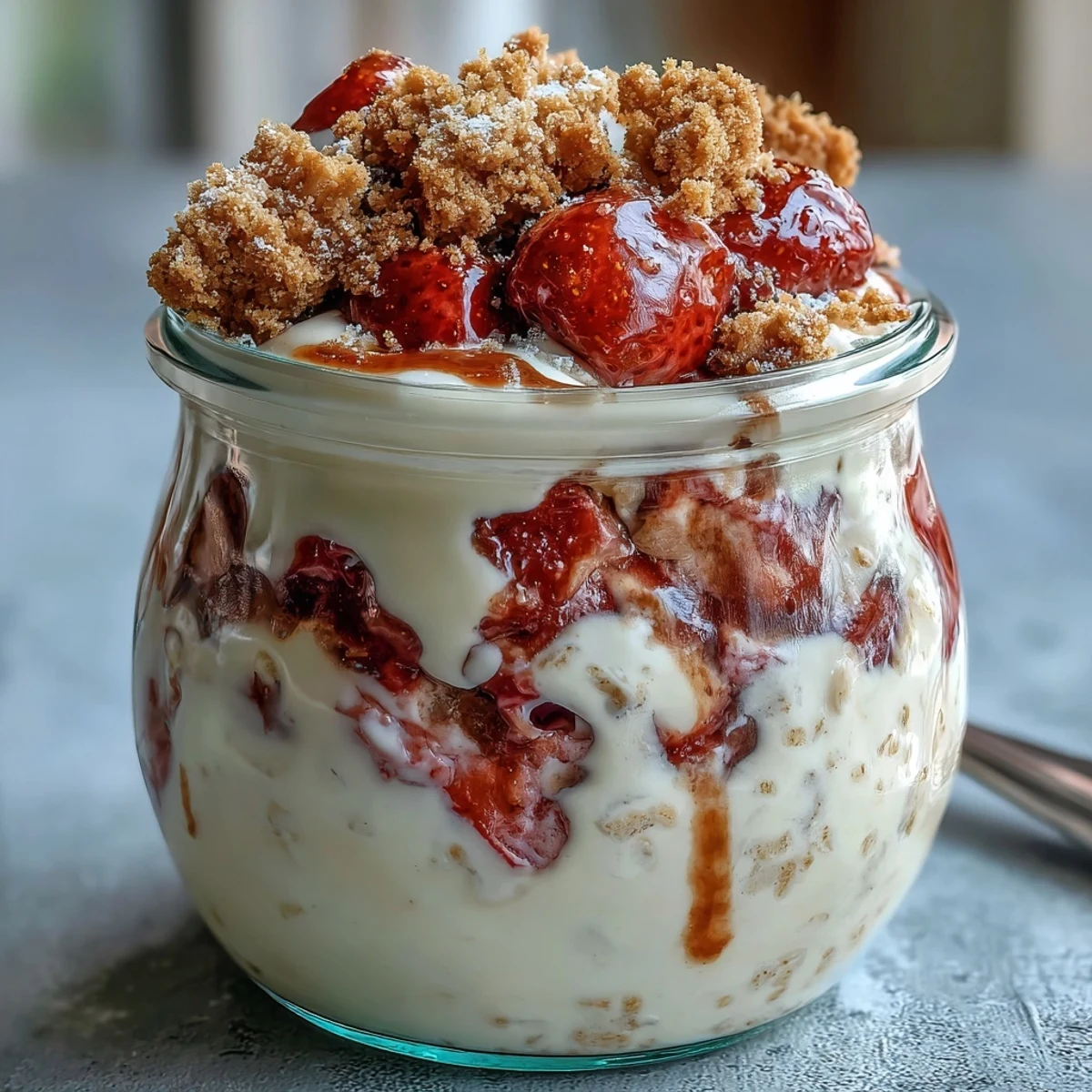 Strawberry cheesecake overnight oats with graham crumble in a glass jar, layered with creamy oats, fresh strawberries, and a buttery graham cracker topping.