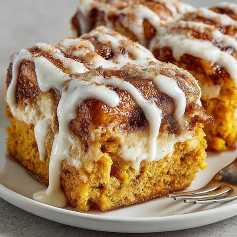 Warm Pumpkin Cinnamon Roll Bake with its creamy glaze, perfect for a cozy brunch or breakfast treat.