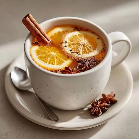 A close-up view showcases the vibrant spiced ingredients within the delicious Hot Spiked Mulled Cider recipe.