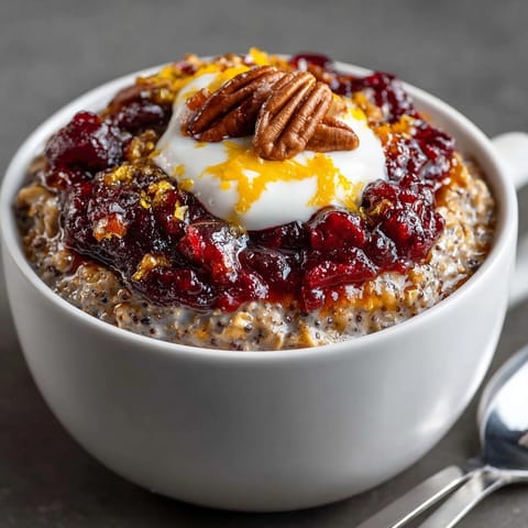 A vibrant photo of Gingerbread Overnight Oats boasts a tangy cranberry compote topping, ideal for breakfast.