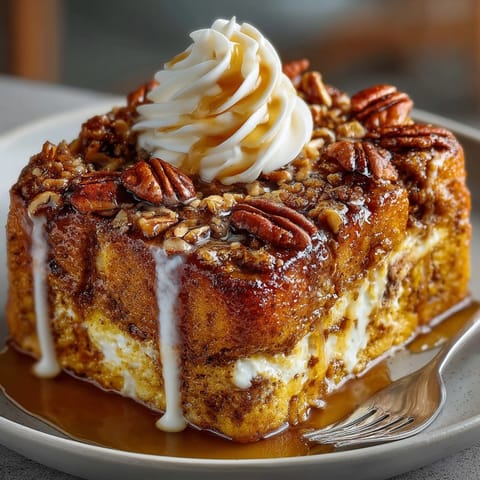 This easy Pumpkin Spice Latte French Toast Casserole features a wonderfully soaked brioche, topped with cinnamon pecans.