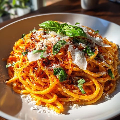 Bright red roasted red pepper pasta, beautifully plated with fresh basil, ready to be enjoyed.