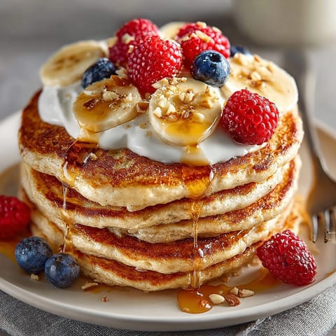 Golden protein pancake stack on a plate, drizzled with maple syrup for a healthy morning meal.