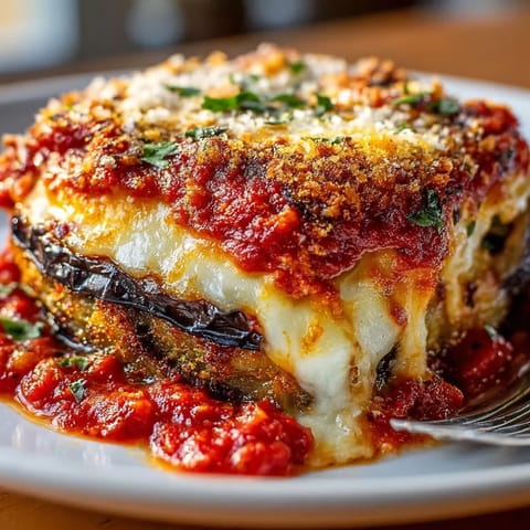 Close-up of Stuffed Cheese Eggplant Parmesan topped with melted mozzarella and fresh basil garnish