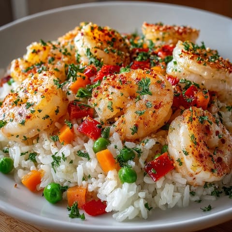 Tender shrimp and rice pilaf steaming hot, bursting with Mediterranean flavors and vibrant veggies.
