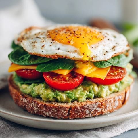 Hearty breakfast sandwich with avocado, eggs, spinach, and tomato, served warm and ready to eat