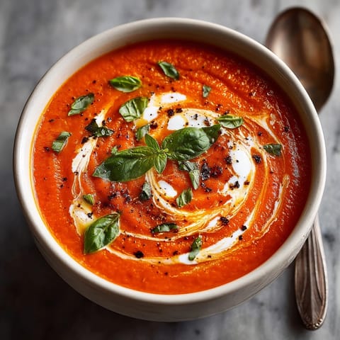 Close-up of creamy roasted garlic tomato soup with a swirl of cream and toasted baguette slices.