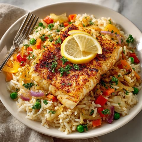 Close-up: Cajun Baked Cod with Rice Pilaf, flaky texture glistening, lemon slice visible.