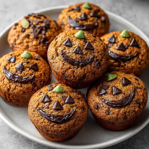 Golden brown whole wheat pumpkin muffins, decorated with jack-o'-lantern faces, ready to serve.
