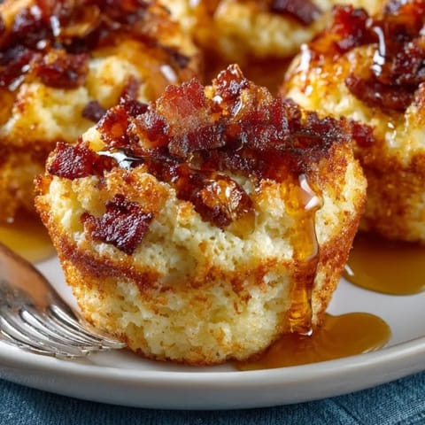 Oven-baked Maple Bacon Pancake Bites in a mini muffin tin, crispy bacon sprinkled above.