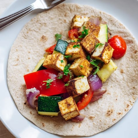 Delicious plant-based wraps filled with marinated tofu and topped with tahini sauce.  