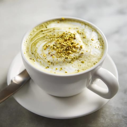 Homemade pistachio milk latte served warm, perfect for cozy mornings.  
