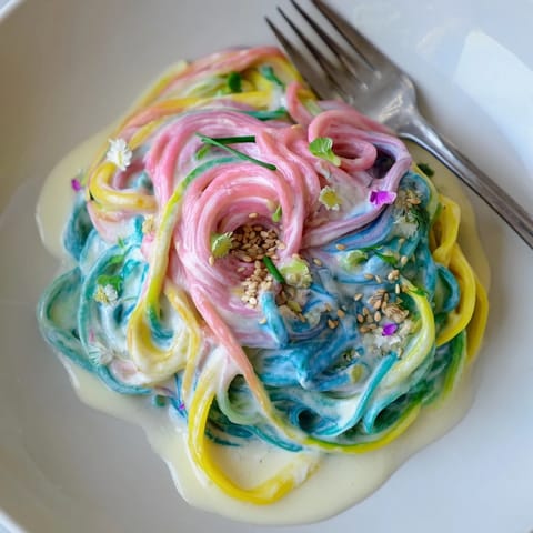 Whimsical Neon Noodle Cloud dish swirling vibrant colors in a decadent creamy sauce.  