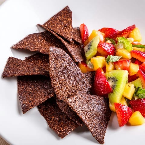 Sweet chocolate dessert chips & salsa with colorful diced fruits and a mint drizzle.  