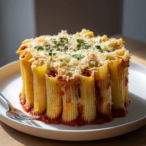 Delicious Honeycomb Pasta Cake topped with gooey melted mozzarella and fresh parsley.  
