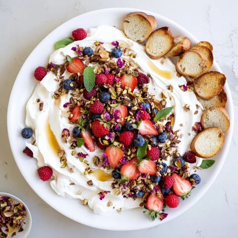 Enticing butter board dessert with whipped cream cheese and fresh berry accents.  