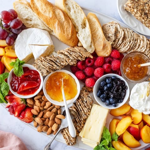 Elegant selection of jams, artisan breads, and fruits for a delightful brunch gathering.  