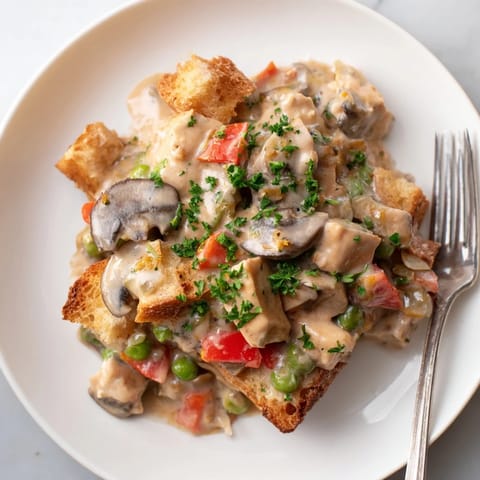 Warm Chicken à la King topped with vibrant veggies, nestled on crispy toast.  