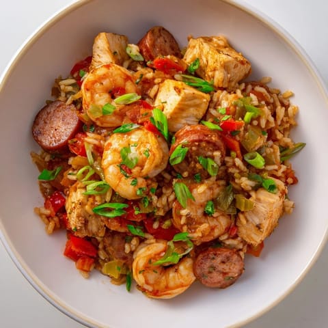 A close-up of a flavorful Cajun Jambalaya Rice Bowl, showcasing rice, sausage, and bright vegetables.