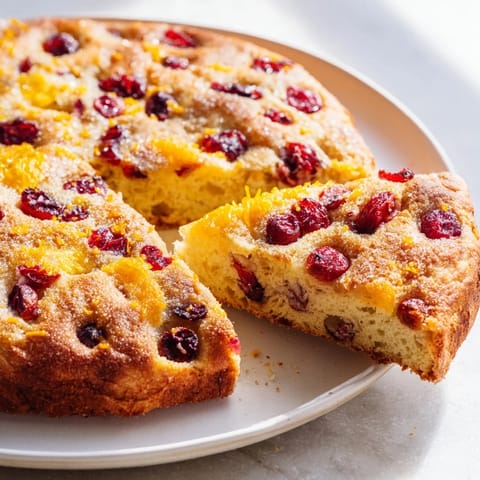 Homemade Cranberry Orange No-Knead Focaccia, with a crispy crust and soft interior, perfect for sharing.