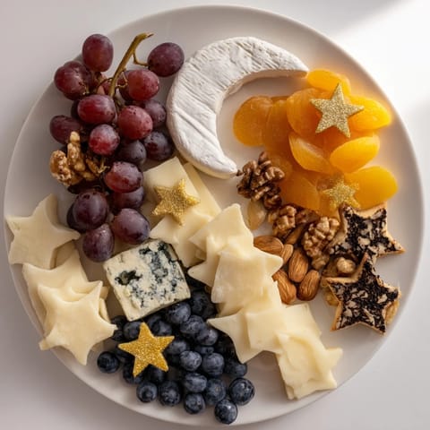 Moon & Stars Night Board with cheeses, fruits, and star cookies, ready to be enjoyed.