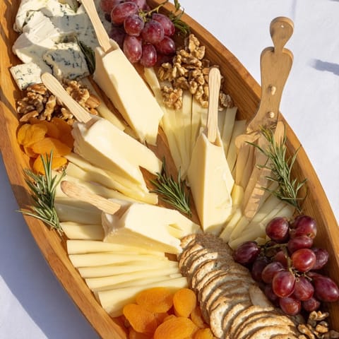 Sailboat Cheese Platter details a beautiful presentation of cheeses, fruits, nuts, and crackers.