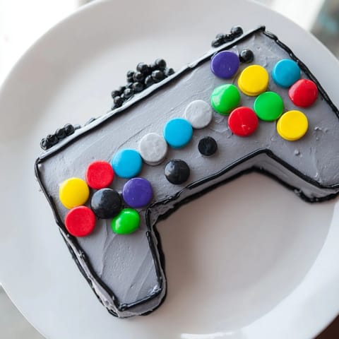 Sweet and colorful pixel perfect video game controller cake, ready to delight with buttercream frosting and candies.