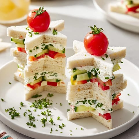 Festive Stacked Star Christmas Tree Sandwiches, layered with cream cheese, garnished with parsley for a winter snack.
