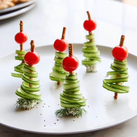 Fresh spiral cucumber ribbon Christmas trees with creamy cheese and vibrant cherry tomato toppings offer holiday delight.