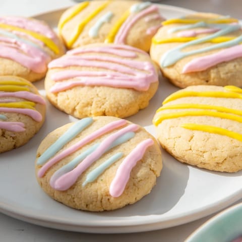 Golden-edged sugar cookies with a vibrant icing drizzle, perfect for a sweet treat.