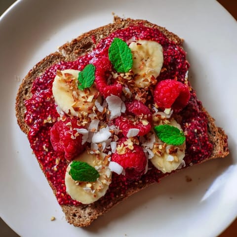 Warm, golden toast generously spread with sweet raspberry chia jam, ready to eat.