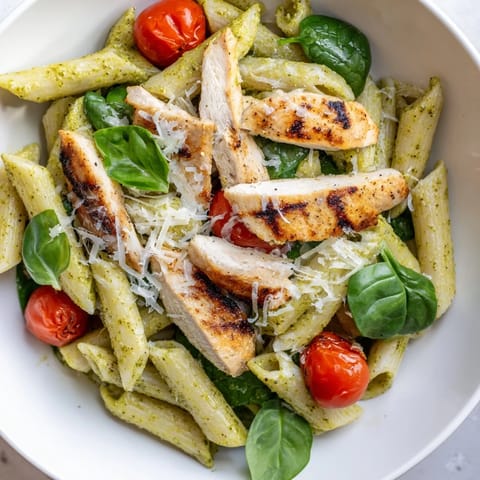 Savory pesto chicken pasta, featuring tender chicken and fresh spinach, ready to enjoy.