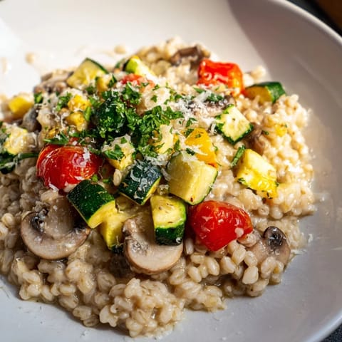 Close-up of a Pearled Barley Creamy Bowl with perfectly cooked barley and colorful roasted veggies.