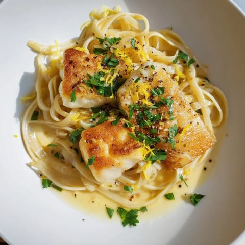 Close-up of Crispy Fish Pasta: golden fish flakes, spaghetti, and a squeeze of fresh lemon juice.