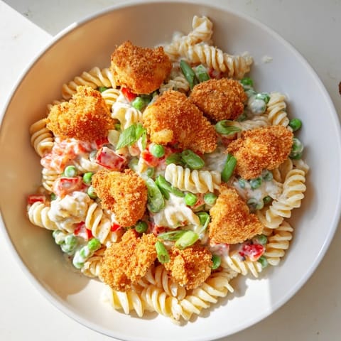 A close-up view of crispy chicken bites atop a colorful pasta salad with green peas and red bell peppers, drizzled with homemade ranch dressing for a refreshing lunch option.