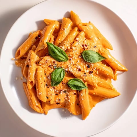 A skillet of Creamy Roasted Red Pepper Pasta tossed with penne, featuring vibrant red sauce and herbs.