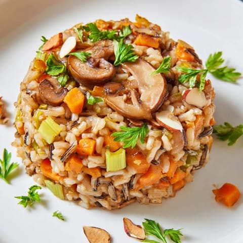 Hearty Wild Rice and Mushroom Pilaf garnished with toasted almonds, a perfect gluten-free side dish.
