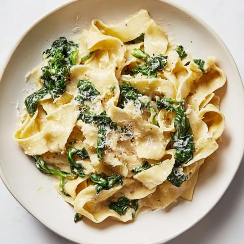 A close-up of Creamy Spinach Garlic Noodles, glistening with sauce and topped with fresh parsley beside a glass of white wine.  