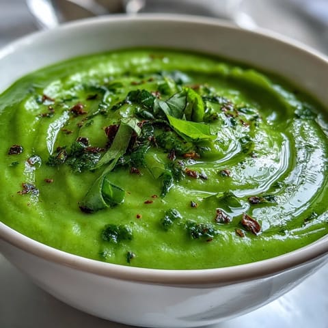 Spoon dipping into a bowl of Courgette, Pea and Pesto Soup next to crusty bread.