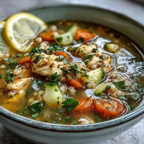 Tender chicken and golden turmeric broth highlight the hearty pearl barley in this cozy, nourishing bowl of soup.