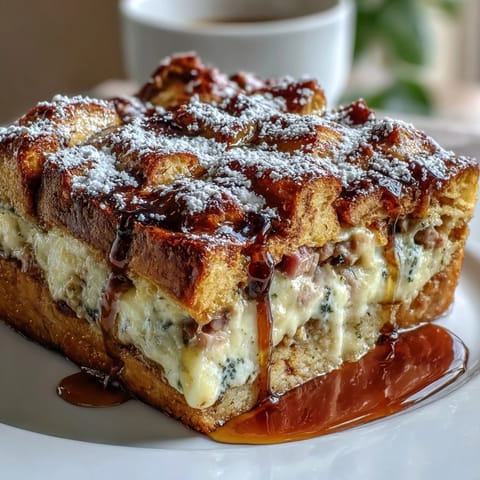 Slices of Monte Cristo Breakfast Casserole reveal layers of ham, turkey, and melted Swiss cheese on a serving plate.