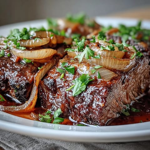 This slow-cooked Savory Crock Pot French Onion Pot Roast is served steaming in a bowl, perfect over mashed potatoes.