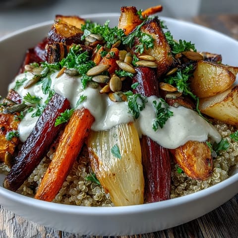 A wholesome bowl of roasted root vegetables and quinoa, garnished with fresh parsley and toasted pumpkin seeds.