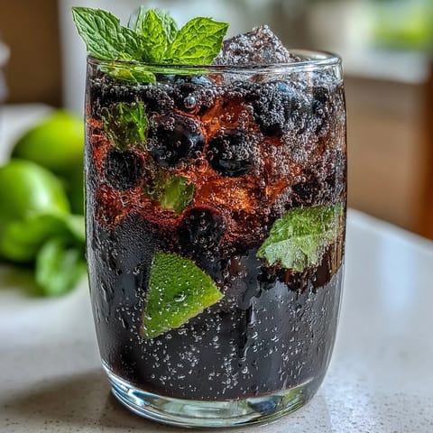 A vibrant Black Currant Mojito cocktail filled with crushed ice, garnished with fresh mint and a lime wheel.