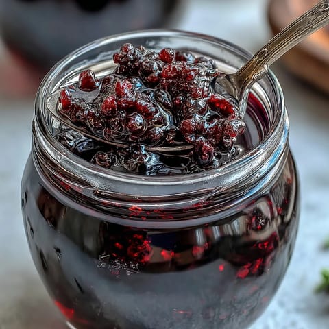 Fresh homemade Blackcurrant Vodka Liqueur in a glass carafe, featuring deep purple hues and ripe berries, ready to be served chilled.