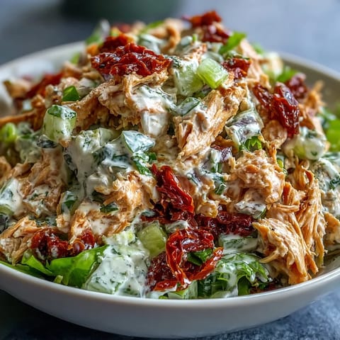 Creamy sun-dried tomato chicken salad with celery and fresh basil, served in a rustic bowl for dipping or spreading.