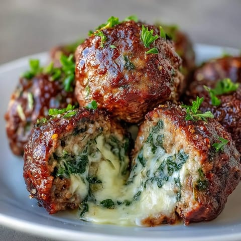 Spinach Garlic Meatballs with melted mozzarella centers served over a bowl of spaghetti and marinara sauce.